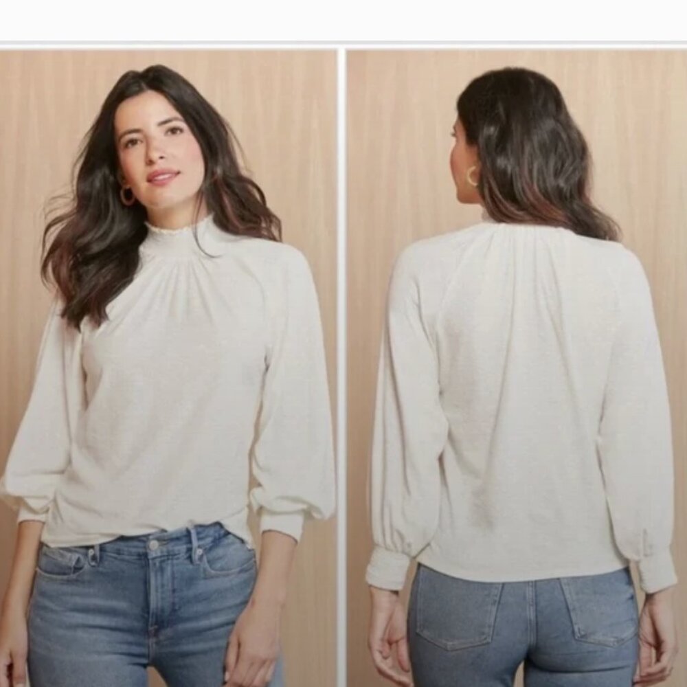 Nation LTD Small Melanie‎ Smocked Peasant Pima Cotton Stretch Long Sleeve Blouse
